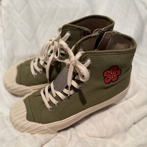 Kenzo Olive High-Top Sneakers with Red Flower